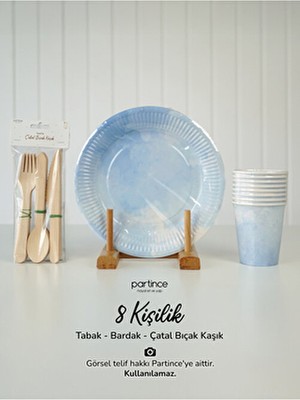 Partince 8 Kişilik Mavi Tabak Bardak Çatal Kaşık Seti Kullan At Karton 23 cm Renkli Tasarım