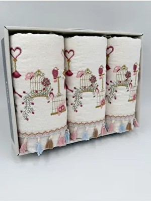 3'lü Püsküllü Kuş Nakışlı Kutulu Çeyizlik 50X90 Kadife El ve Yüz Havlusu