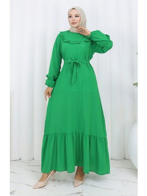 Sefa Merve Fırfırlı Kuşaklı Elbise 2159-02 Zümrüt Yeşili