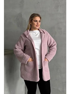 Stil Diva Kadın Büyük Beden Uzun Kollu Kapüşonlu Peluş Ceket 97-14 Çift Cepli Konforlu Tasarım