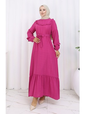 Fırfırlı Kuşaklı Elbise 2159-05 Fuşya