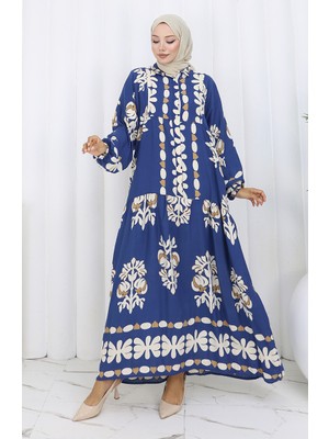 Viskon Kumaş Yarım Düğmeli Elbise 2156-03 Lacivert