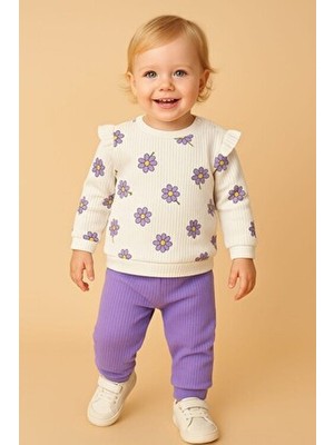 Dinamik çocuk Papatya Raporlu Fitilli Kol Detaylı Kız Bebek Takımı Aylık Mevsimlik 2li Alt Üst 3-6-9-12ay