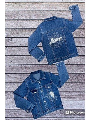 ZEY Baby Kadın Taş Baskılı Kot Ceket Uzun Kol Denim Kumaşla Günlük Şıklık