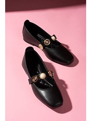 Stamp Siyah Cilt Inci ve Mühür Aksesuar Bantlı Babet