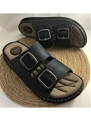 Apella Büyük Numara Erkek Terliği Siyah Yumuşak Suni Deri Ortopedik ve Hafif Taban Çift Toka