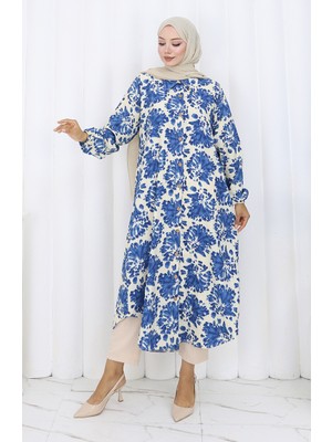 Viskon Kumaş Boydan Düğmeli Uzun Tunik 0174-06 Bej Lacivert