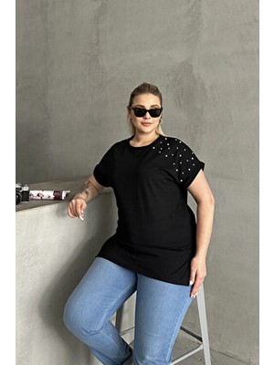 Büyük Beden Kısa Kollu Bisiklet Yaka Yanları Yırtmaçlı Boncuklu Basic T-Shirt Rft-03
