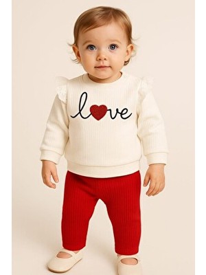 Kız Bebek/çocuk Love Kalp Nakışlı Omuzdan Çıtçıtlı Bebek Takımı 2li Alt Üst Mevsimlik Aylık 3-6-9-12