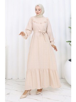 Fırfırlı Kuşaklı Elbise 2159-01 Bej