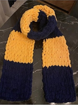 Sarı Lacivert Renkli Taraftar Atkı Kış Sezonu İçin El Örgüsü Puffy Atkı Tüm Yaş Gruplarına Uygun