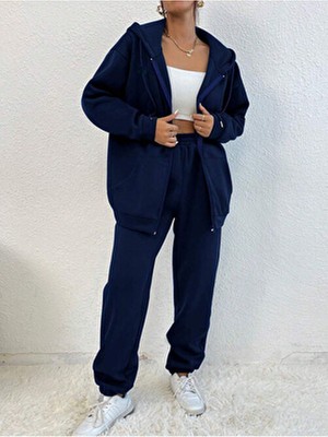 K&S Lacivert Oversize Kadın Eşofman Takımı Kalın Kışlık Kapüşonlu Pamuk - Polyester Malzeme ile Yıkamalı Özellik