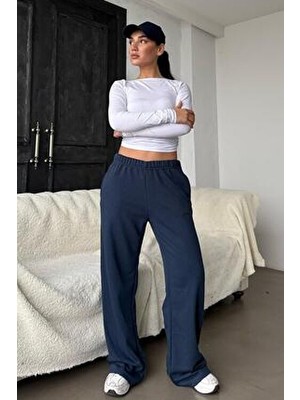 Madmext Kadınlar İçin Günlük Stil Lacivert Bol Paça Eşofman Altı Uzun Paça Düz Desen S Beden