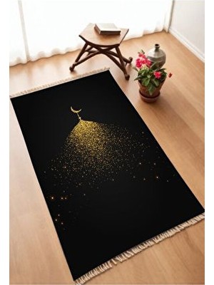 Dekoratif Dijital Baskılı Siyah Kaymaz Taban Seccade Namazlık 75X120