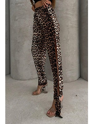 Lesa Wear Leopar Desenli Yüksel Bel Yırtmaç Detaylı Kadın Likralı Flared Pantolon Keten Görünümlü