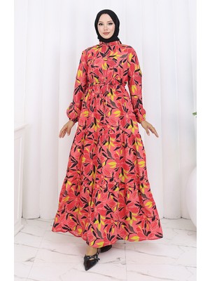 Modal Kumaş Yarım Düğmeli Elbise 0162-04 Nar Çiçeği