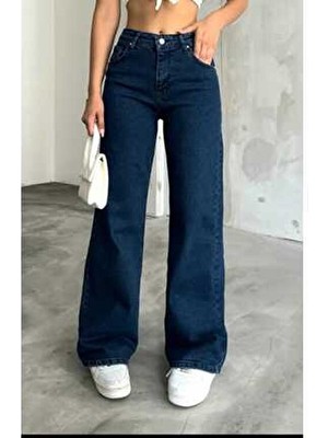 Trn JNS Luiss Kadın Lacivert Likralı Süper Yüksek Bel Salaş Palazzo Pantolon Denim Kumaş Trend Model