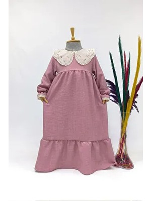 Kız Çocuk Fisto Yakalı Keten Elbise - Elif Model Uzun Tesettür Gül Kurusu Elbise