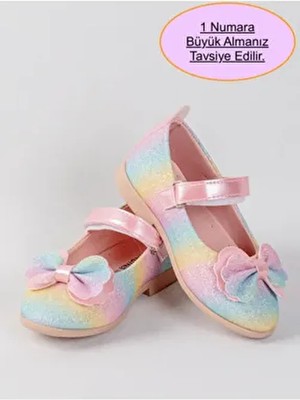 Fiyonklu, Cırtlı, Gökkuşağı Kız Çocuk Babet (Dar Kalıp 1 Numara Büyük Alınız!)