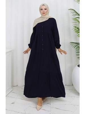 Viskon Kumaş Yarım Düğmeli Elbise 4125-02 Lacivert