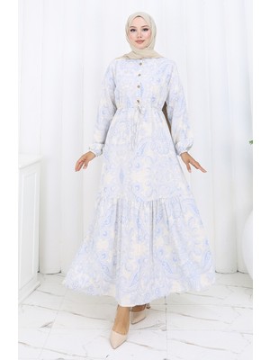 Keten Kumaş Beli Bağcıklı Düğmeli Elbise 0173E-01 Bej Lacivert