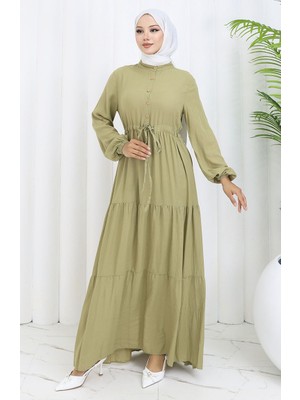 Viskon Kumaş Yarım Düğmeli Elbise 0085-06 Haki