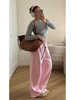 Madmext Pembe Kadın Eşofman Altı MG2279 Pamuk - Polyester Malzemeden Uzun Bol Paça Günlük Stil