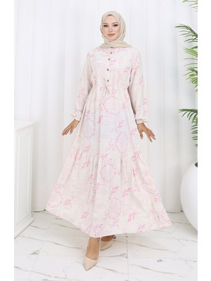 Sefa Merve Keten Kumaş Beli Bağcıklı Düğmeli Elbise 0173A-01 Pembe