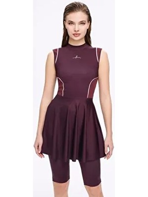 Haşema Spor Kesim Kadın Bordo 4 Parça Yarı Kapalı Mayo Takımı 5014 Kolsuz ve Düz Desenli