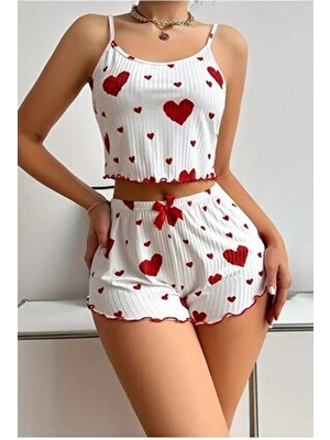 Bella Notte Pamuklu Kolsuz Kalp Desenli Pijama Takımı  Fiyonklu Tasarım