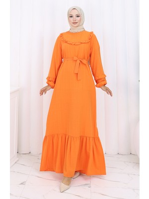 Sefa Merve Fırfırlı Kuşaklı Elbise 2159-04 Oranj