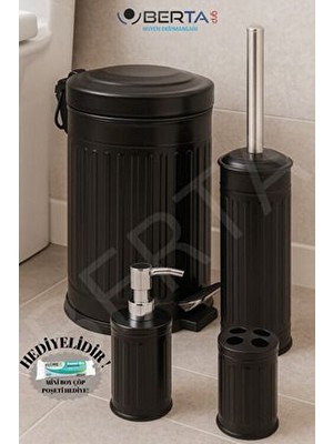 Vintage Dörtlü Siyah Banyo Seti Çöp Kovası Tuvalet Fırçası Diş Fırçalık Sıvı Sabunluk Metal