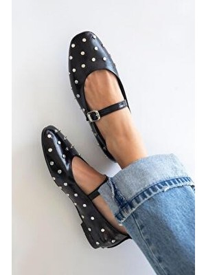 Straswans Azure Kadın Drop Detaylı Kırışık Deri Babet Siyah Suni Deri Taban Neolit Günlük Kullanım İçin