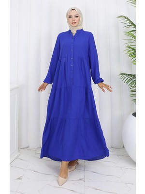 Viskon Kumaş Yarım Düğmeli Elbise 4125-06 Saks