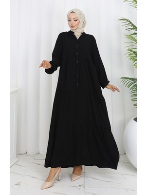 Viskon Kumaş Yarım Düğmeli Elbise 4125-07 Siyah