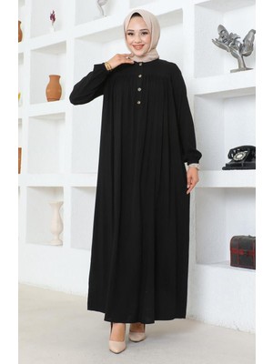 Yarım Düğmeli Viskon Elbise 7103-02 Siyah