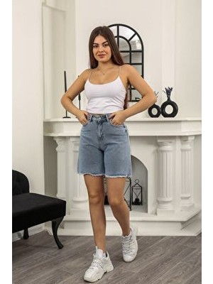 Kadın Yüksek Bel Uzun Koyu Mavi Denim Likralı Kot Şort Paça Püsküllü