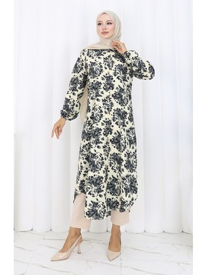 Viskon Kumaş Boydan Düğmeli Uzun Tunik 0174-05 Bej Siyah