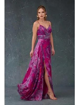 Fuşya Askılı Sırt Dekolteli Empirme Abiye Elbise