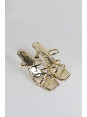 NiceDiffer Kadın Kroko Topuklu Terlik Bilekten Bağlamalı Şık Tasarım Suni Deri