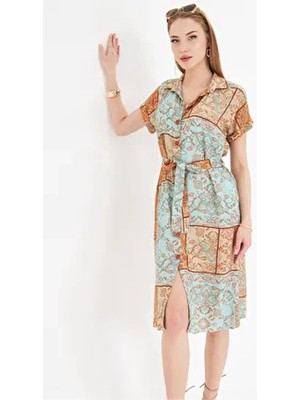 Kadın Turkuaz Desenli Beli Kemerli Kısa Kol Gömlek Elbise ARM-22Y001007