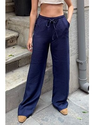 la & vetta Kadın Lacivert Bol Kesim Pantolon İnce Keten Karışımlı Düz Desen ile Şık ve Rahat