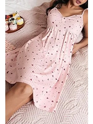 Bella Notte Romantik Kalp Desenli Gecelik Kadınlar İçin Volan Askılı Örme Kumaş Pembe Renk M Beden