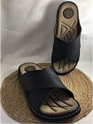 Yumuşak Deri Topuk Dikeni Önleyici Ortopedik Hafif Taban Erkek Terliği Çapraz Siyah