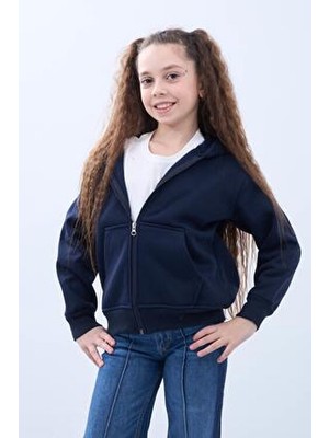 Perendi Unisex Çocuk Kapüşonlu Fermuarlı Hırka – Lacivert Düz Kumaş ve Uzun Kol Özellikli
