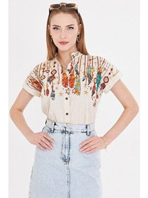 Kadın Krem Hakim Yaka Kısa Kollu Gömlek ARM-25Y001040