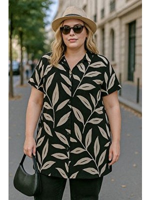 Stil Diva Büyük Beden Kısa Kollu Desenli Gömlek Kadın 321855 Günlük Stil Cepli Rahat