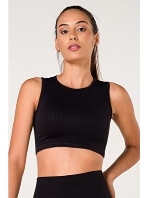 New Season Fitilli Crop Top Büstiyer Seamless Spor Sütyeni Siyah