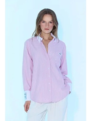Sagaza SS6025 Selıta Klasik Stil Çizgili Dokuma Oversize Gömlek Uzun Kol Pembe Renk