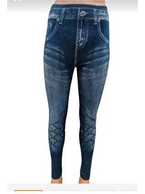 Kadın Mavi Kışlık Kot Görünümlü Likralı Tayt